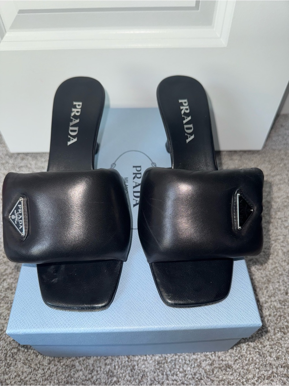 Prada Black Padded Leather Slide Heels with Triangle Logo